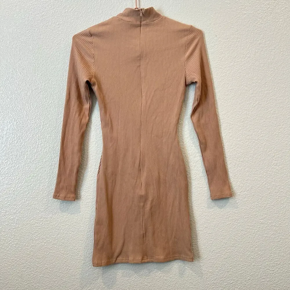 Princess Polly Savoy Long Sleeve Mini Dress Beige Tan Ribbed Knit Mock Neck